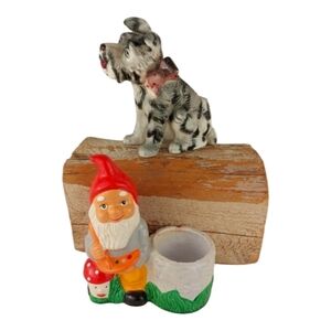 Vintage Ceramic Garden Gnome and mushroom Planter Taiwan plus Dog planter Japan